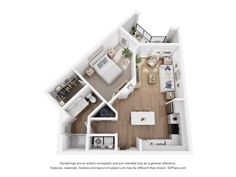 Floor plan for 1 bed, 1 bath, 743 sqft